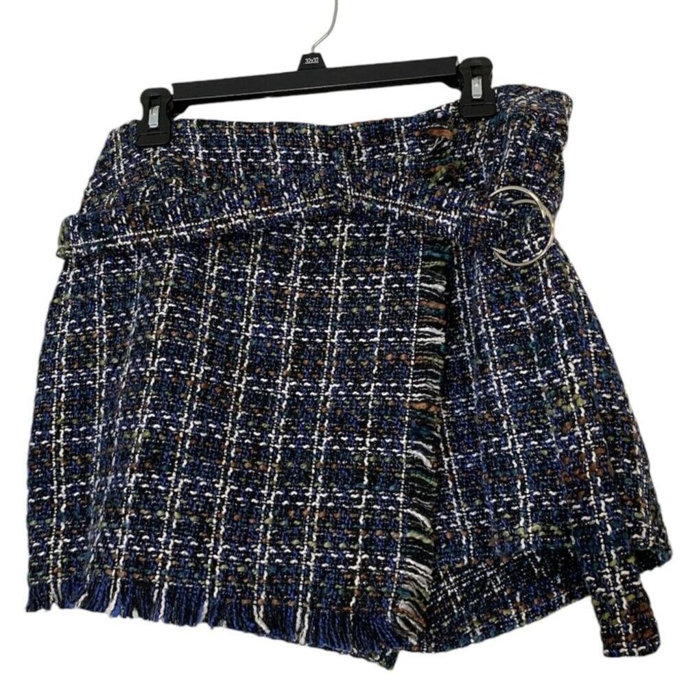 NWT Skies are Blue Belted Blue Green Tweed Skort Sz L Preppy Academia Schoolgirl